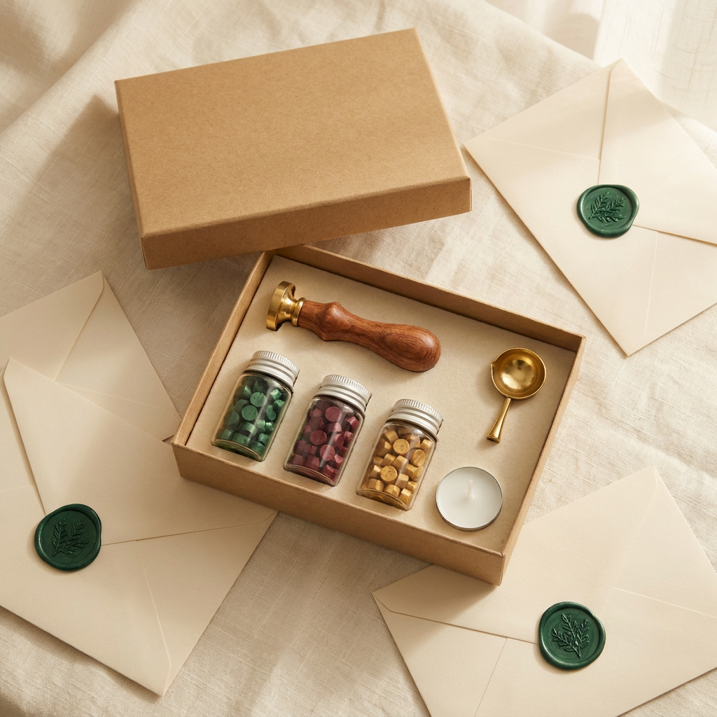 Sigilla presentbox med vaxpärlor, sigillstämpel och smältsked